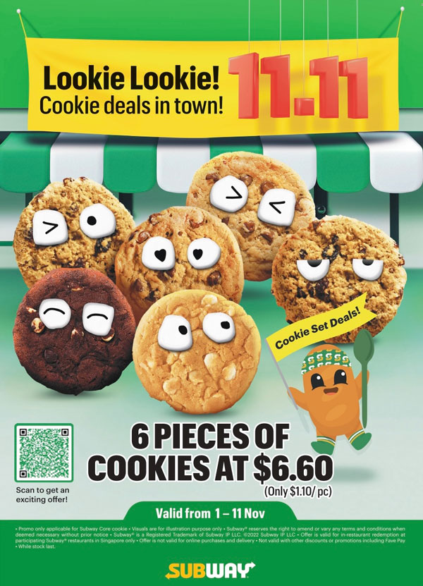 Subway 11.11 Promotion: 6 Cookies at S$6.60