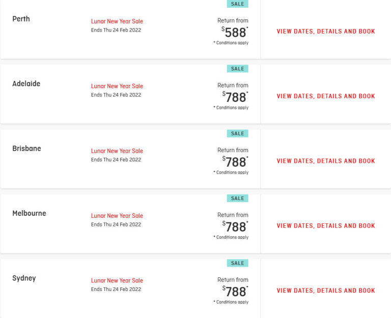 Qantas Airways Promotions for flights from Singapore Fares from S588